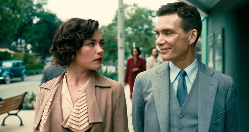 Florence Pugh as Jean Tatlock, left, and Cillian Murphy as J. Robert Oppenheimer in a scene from "Oppenheimer," which features sex scenes between the pair. (Melinda Sue Gordon/Universal Pictures via AP)