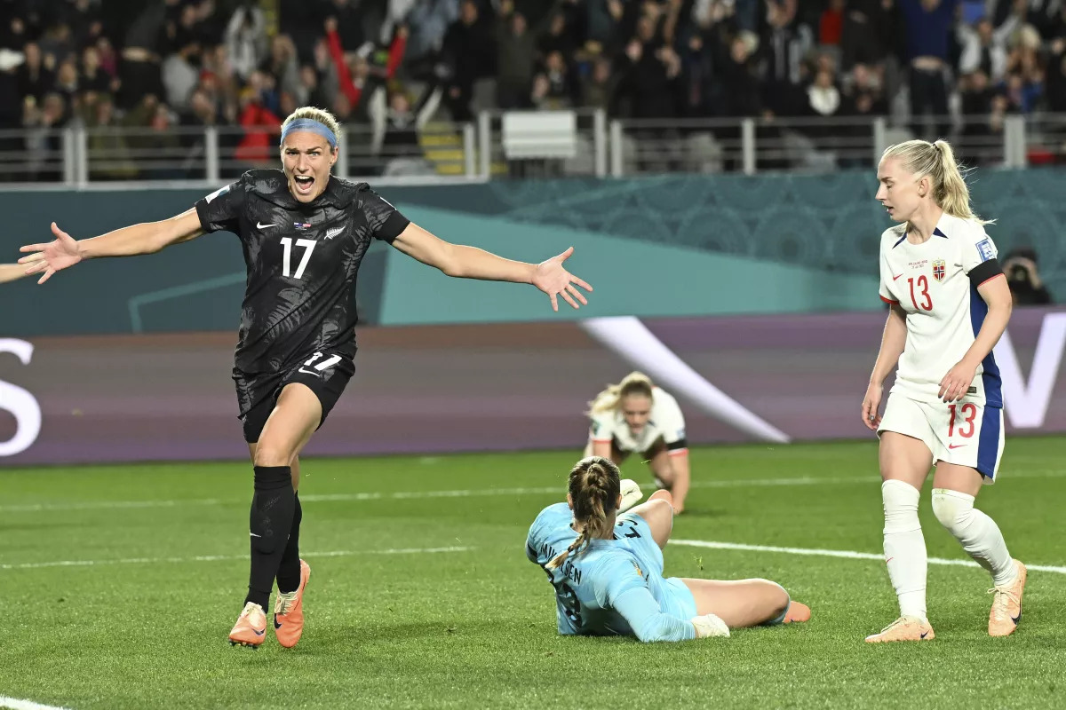 New Zealand’s Hannah Wilkinson celebrates after scoring the opening goal during the Women’s World Cup soccer match between New Zealand and Norway in Auckland, New Zealand, Thursday, July 20, 2023. (AP Photo/Andrew Cornaga) (Andrew Cornaga / Associated Press)