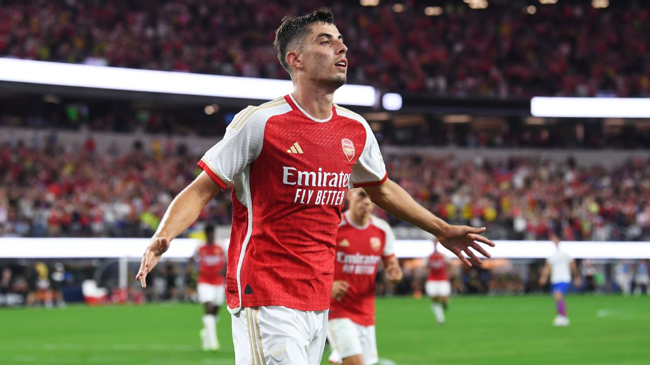 Kai Havertz celebrates after scoring Arsenal's second goal in their win over Barcelona.